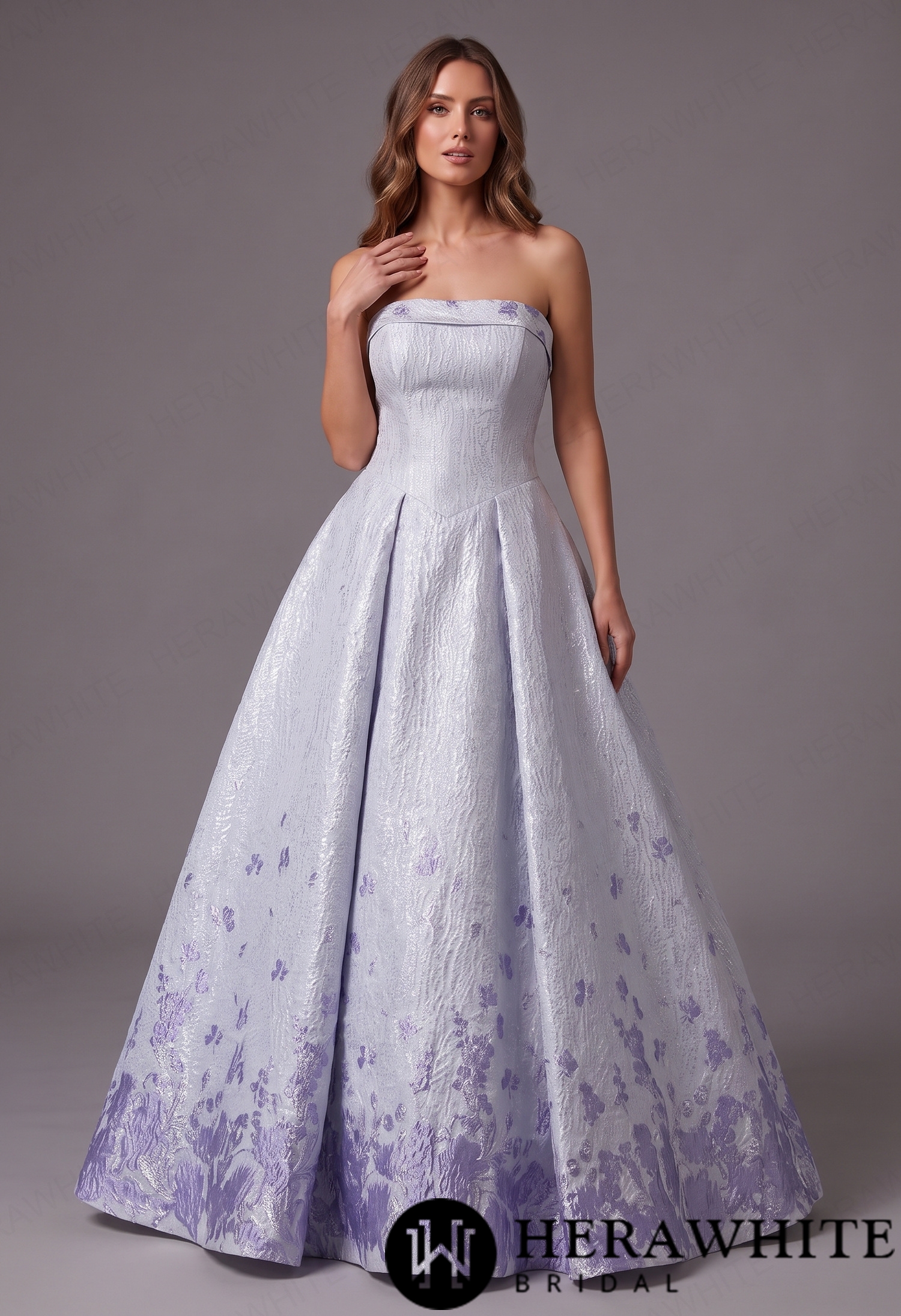 Dreamy Off-Shoulder Jacquard Ball Gown with Lavender Florals & Bow Train