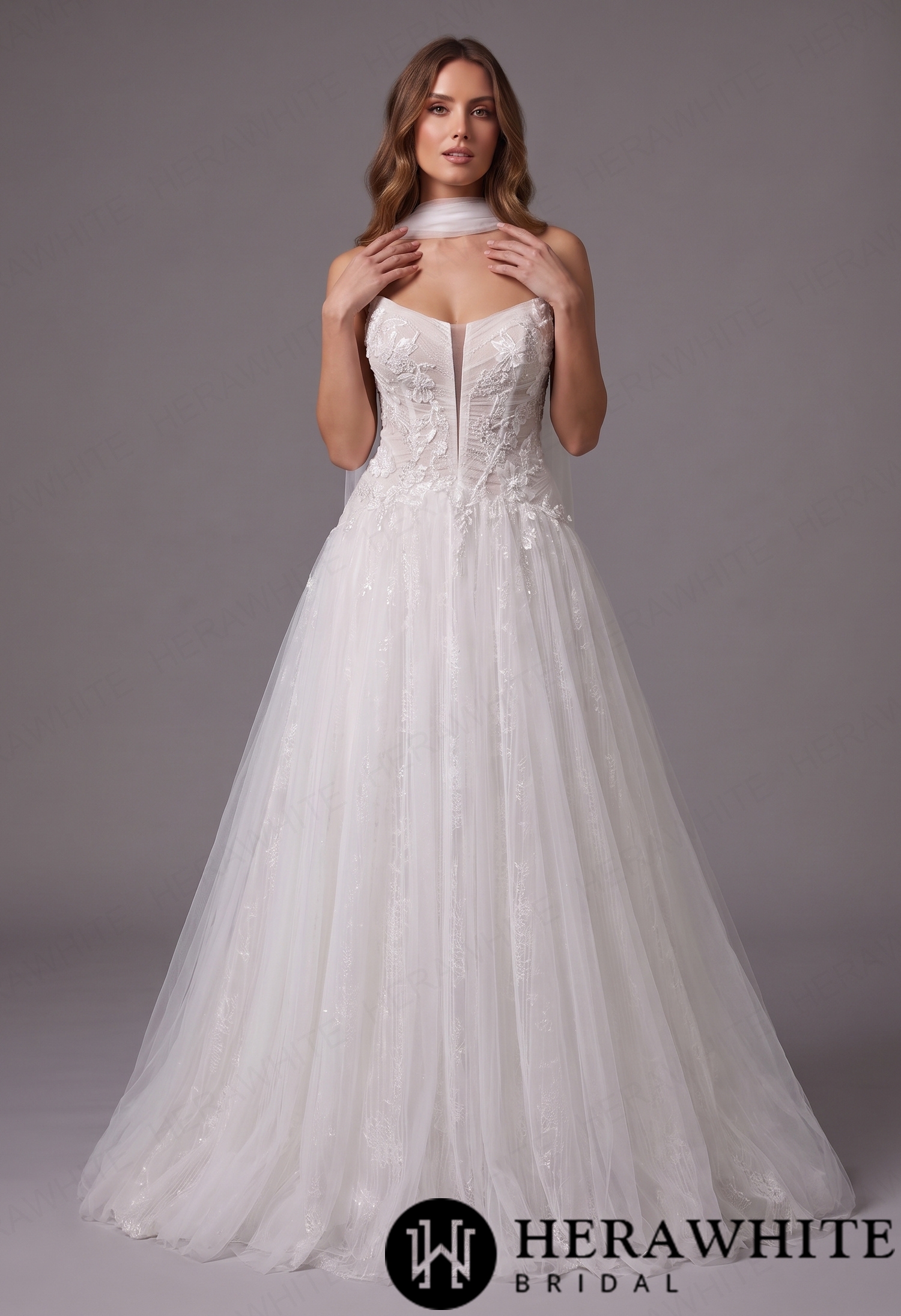 Elegant Glitter Lace Cat Eye Tulle A-Line Bridal Dress with Attached Tulle Shoulder Cape