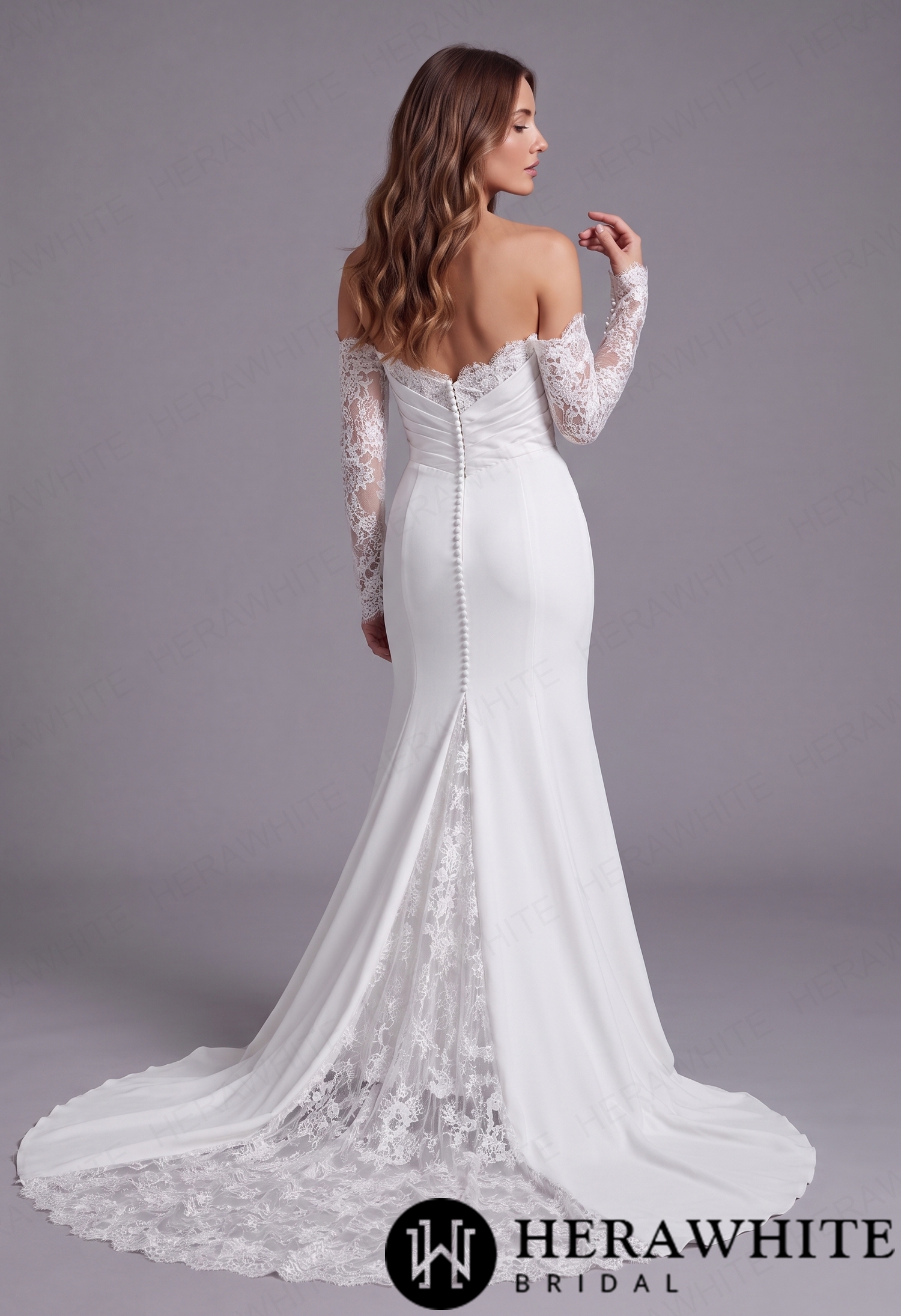 Satin Fit and Flare Wedding Dress with Detachable Lace Sleeves