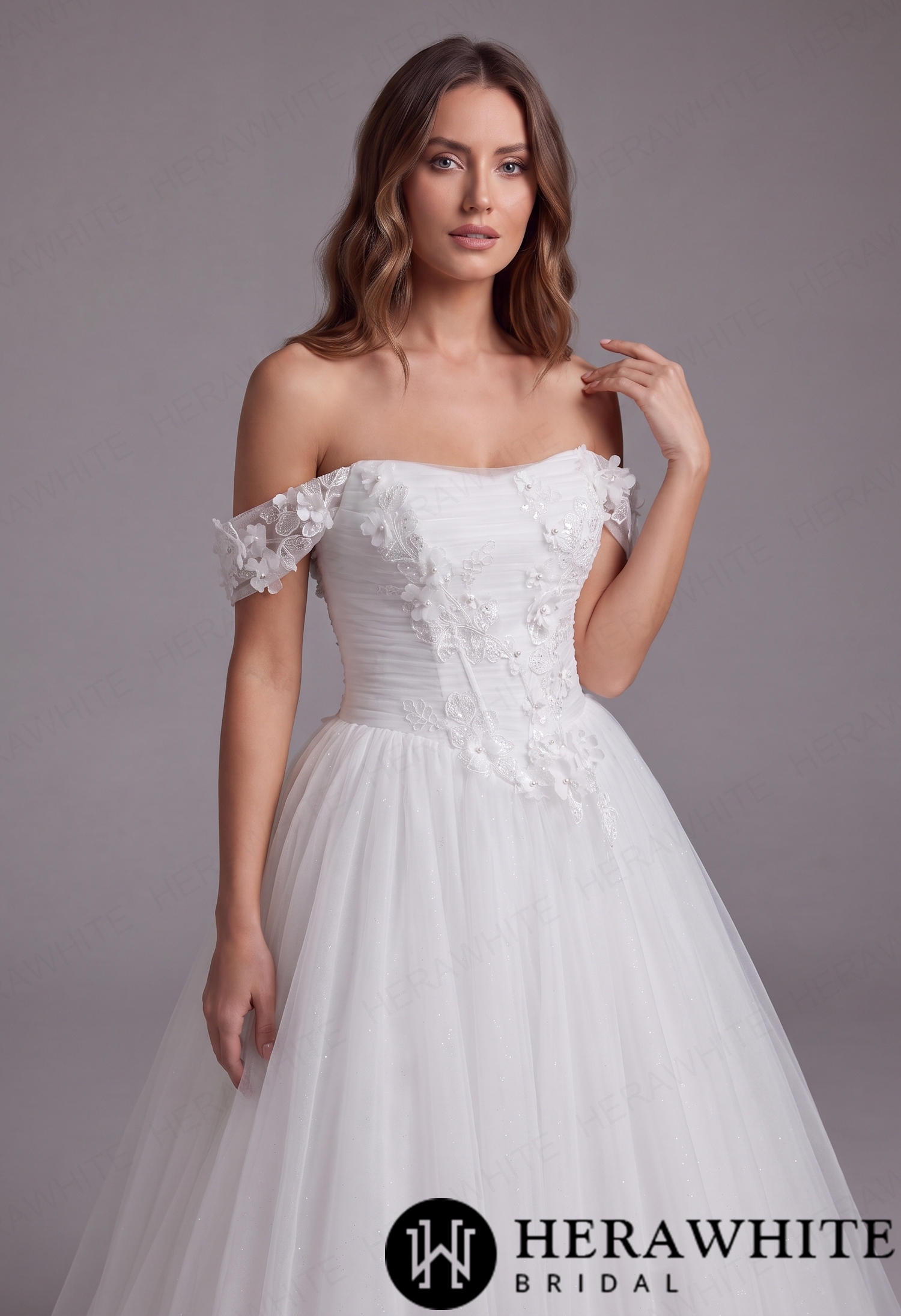 Romantic Bardot Tulle Ballgown with Raised Floral Detailing