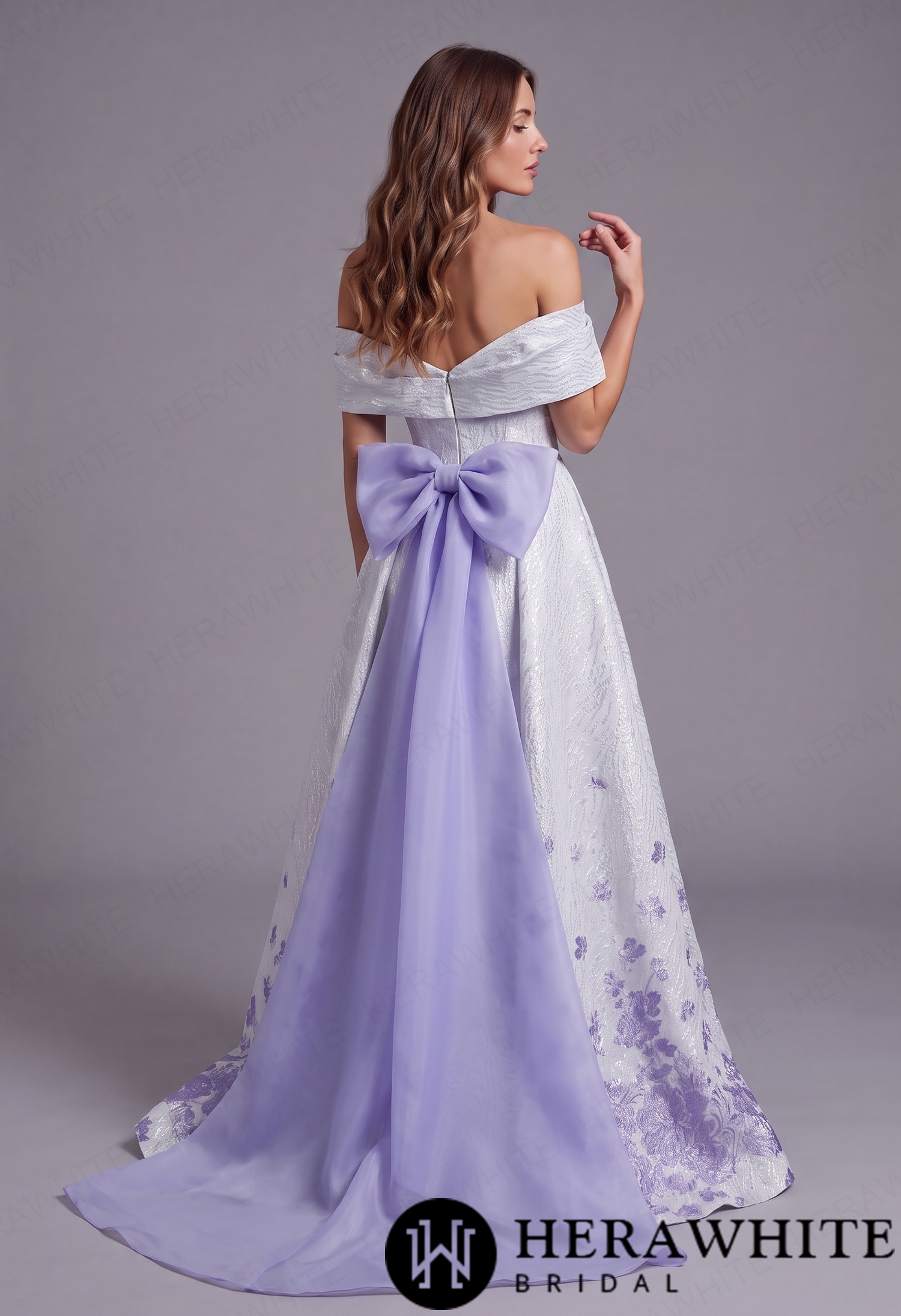 Dreamy Off-Shoulder Jacquard Ball Gown with Lavender Florals & Bow Train