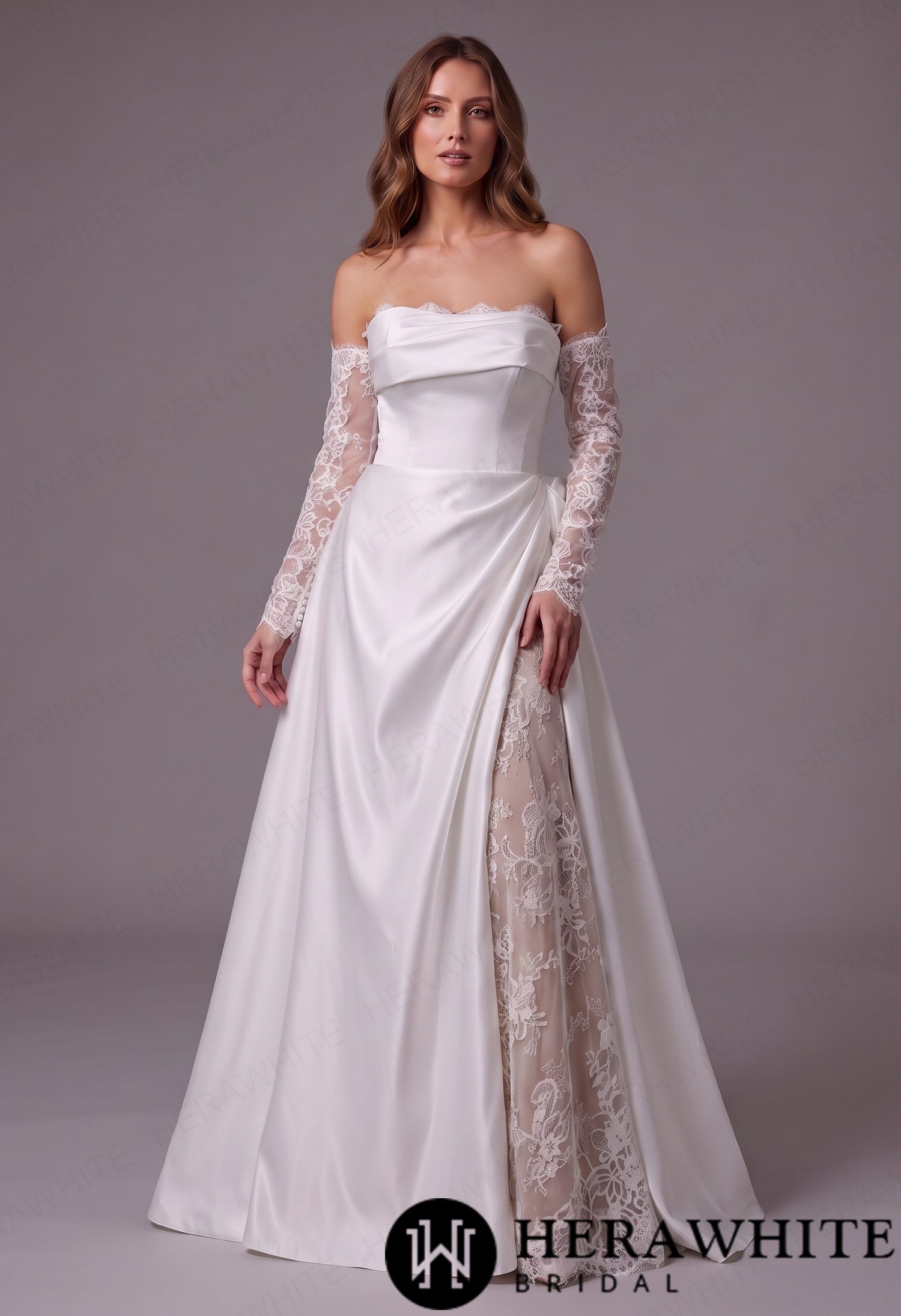 Elegant Satin Strapless A-Line Wedding Dress with Detachable Lace Sleeves