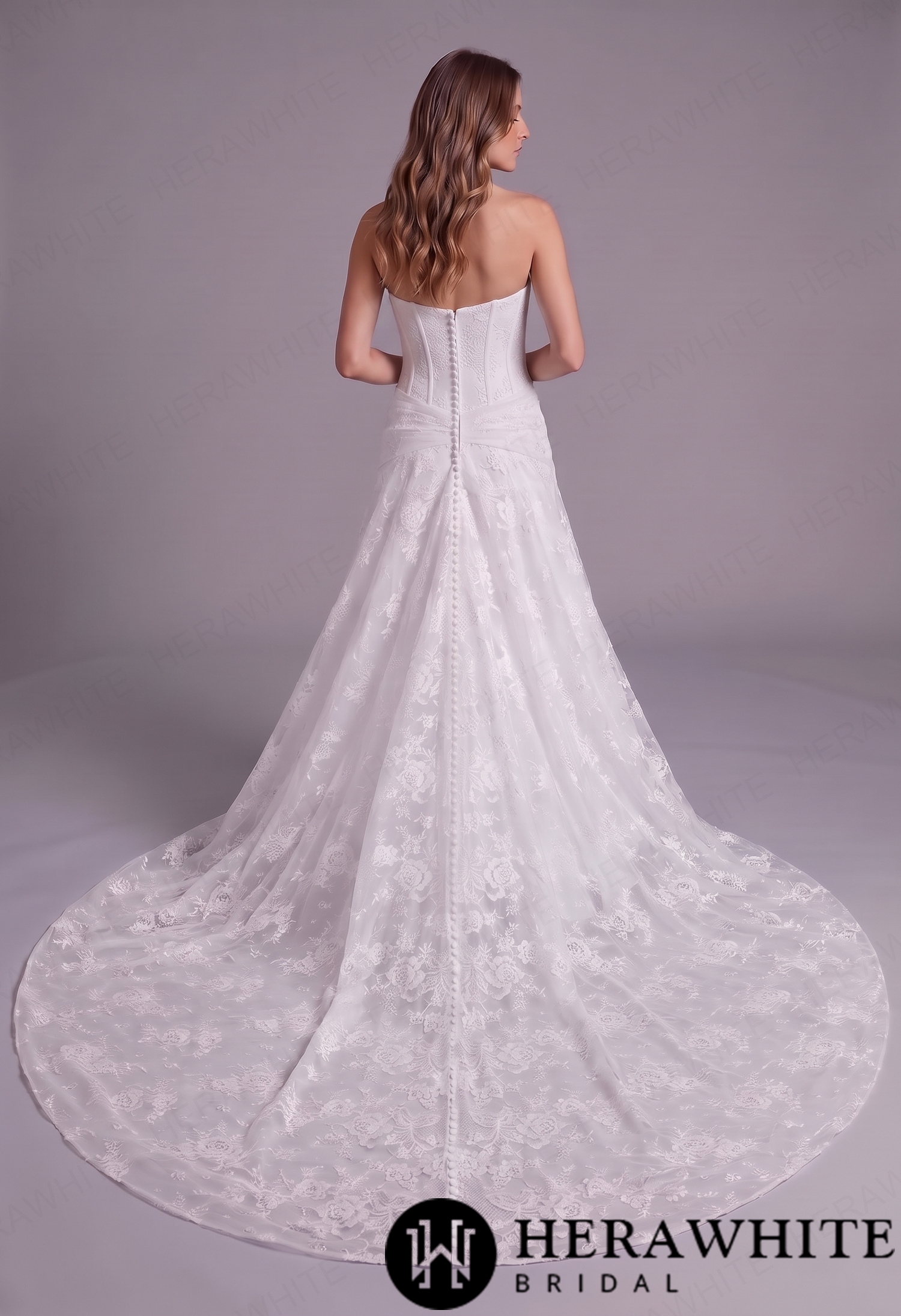 Romantic Strapless Chantilly Lace Wedding Dress with Tulle Cape