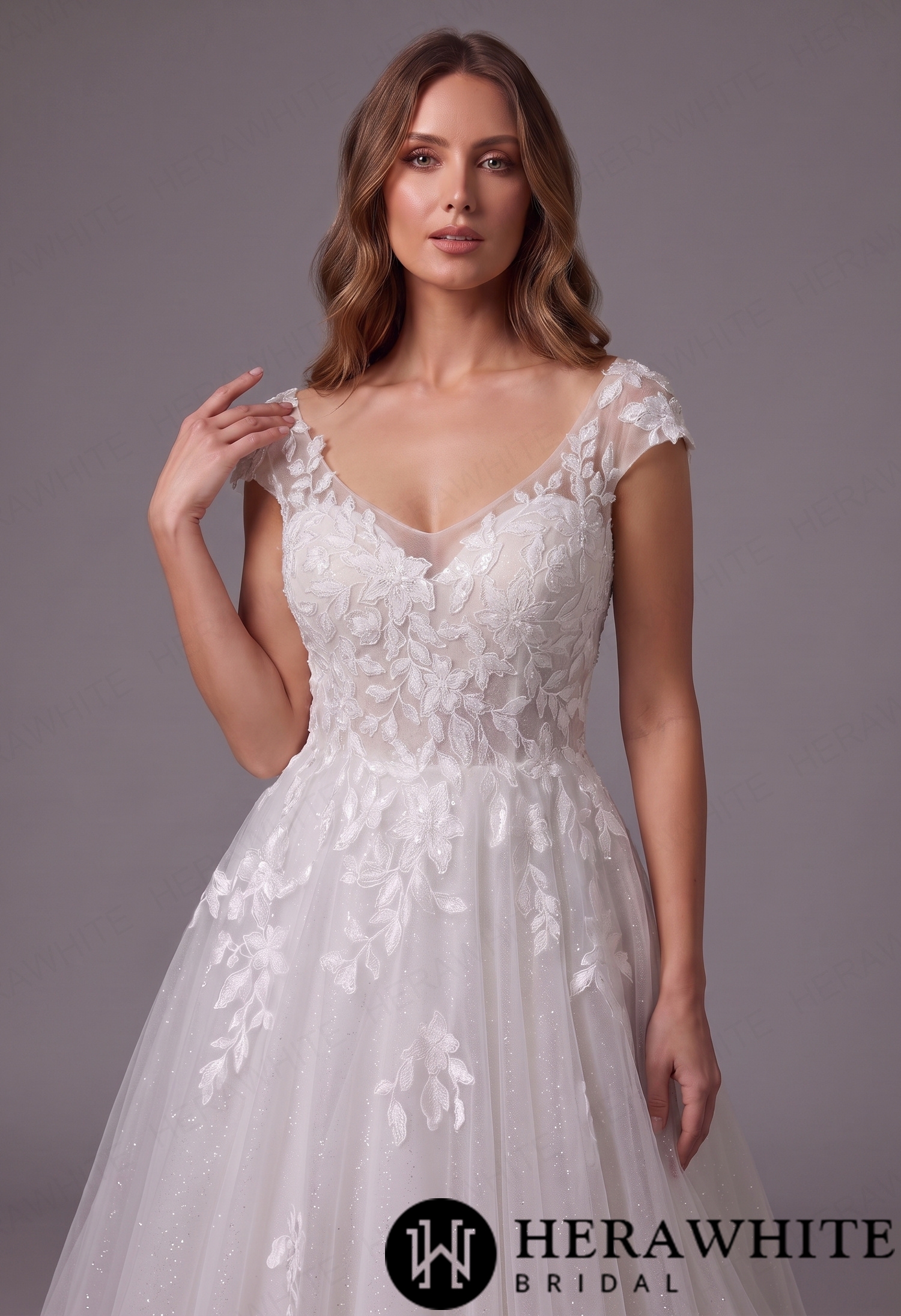 Whimsical A-Line Wedding Dress with Cap Sleeves & Illusion V-Neck