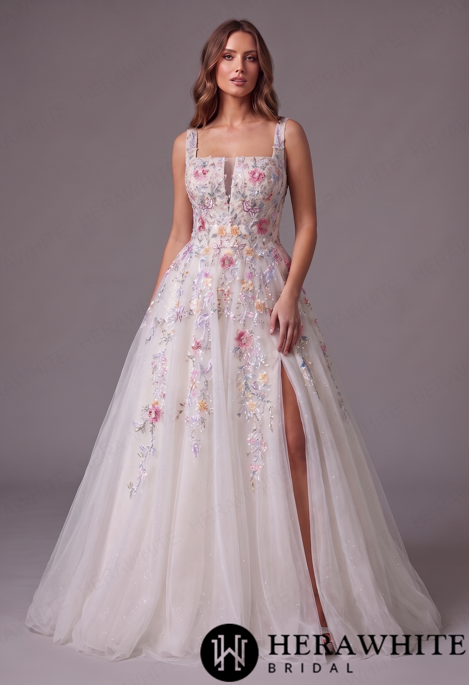 Whimsical Beaded Floral Embroidered  A-Line Wedding Dress