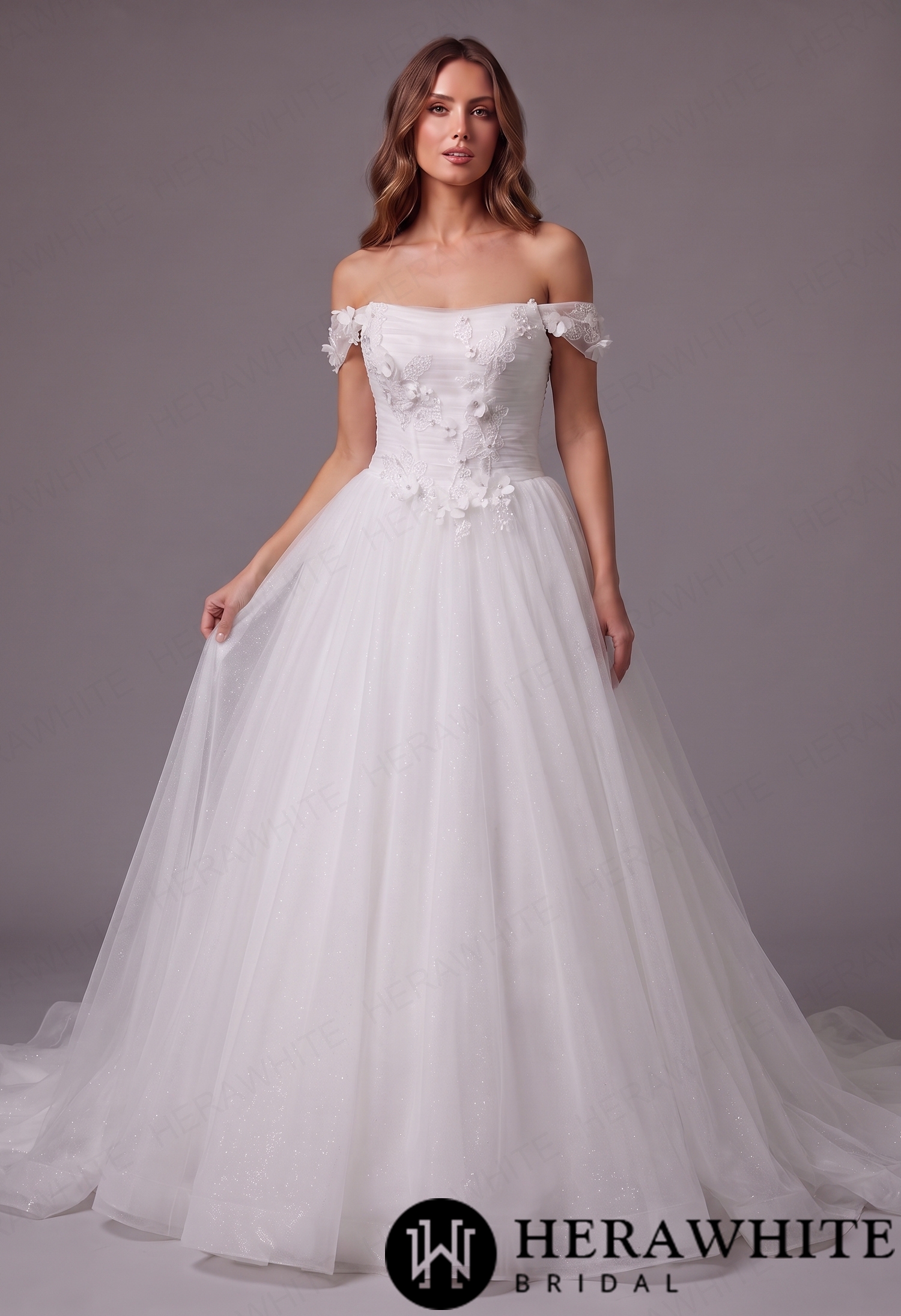 Romantic Bardot Tulle Ballgown with Raised Floral Detailing