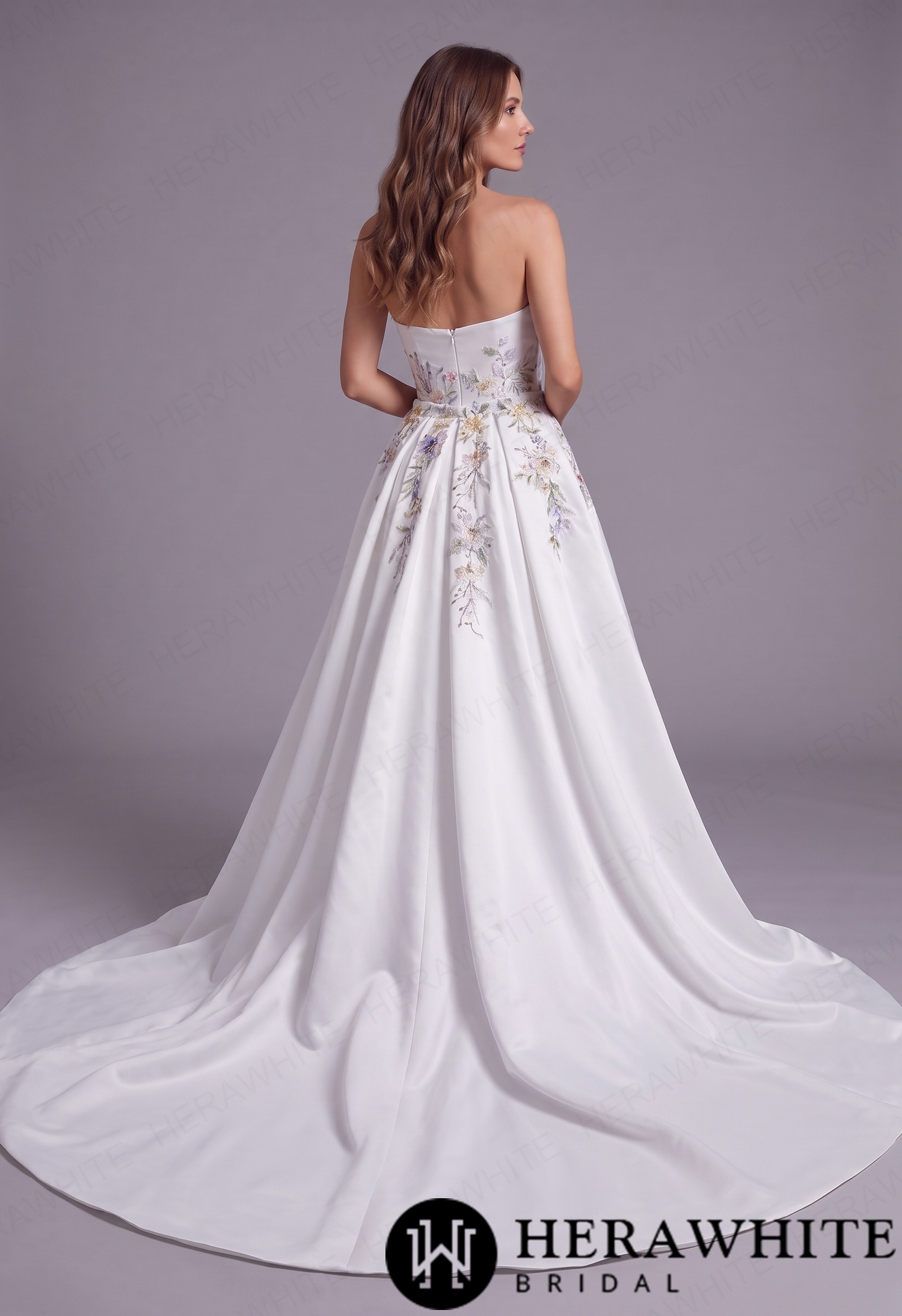 Colorful Strapless Neckline Satin Fit-and-Flare Wedding Dress with Detachable Cap Sleeves & Optional Separate Overskirt