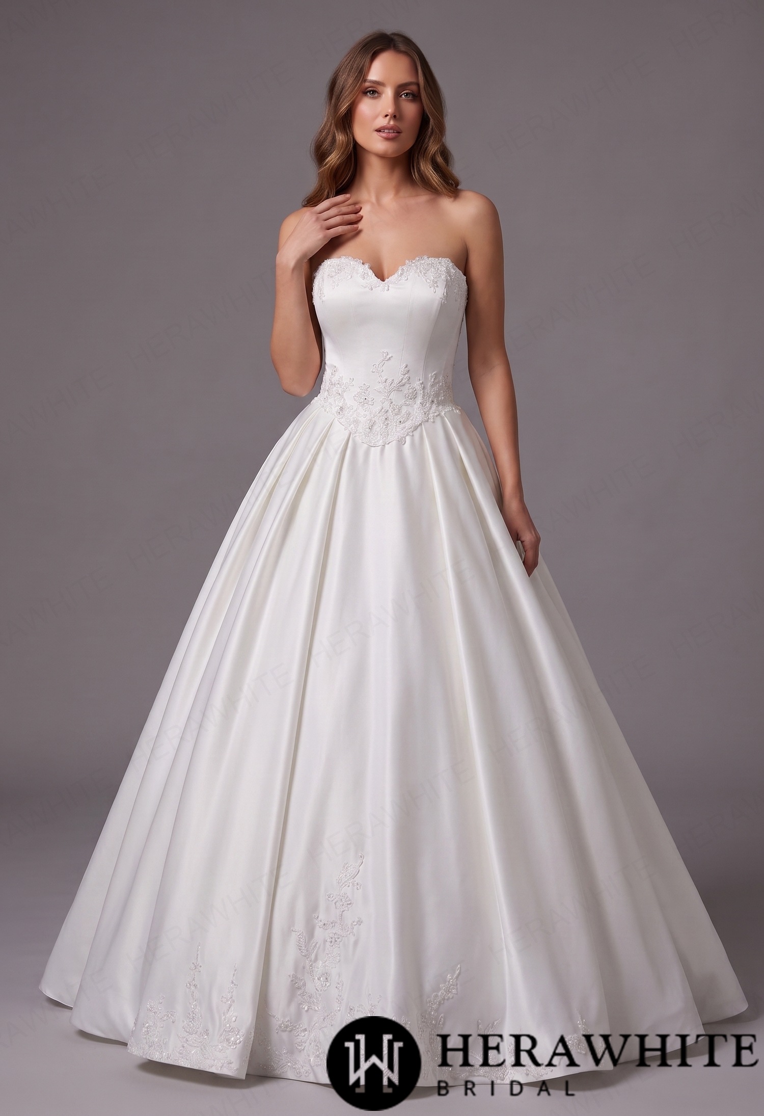 Elegant Sweetheart Satin A-Line Wedding Dress with Basque V Waist & Lace Train