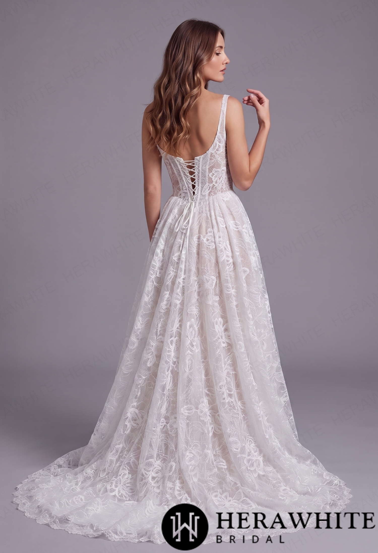 Romantic Square Neck Wide Strap Allover Lace  A-Line Wedding Dress