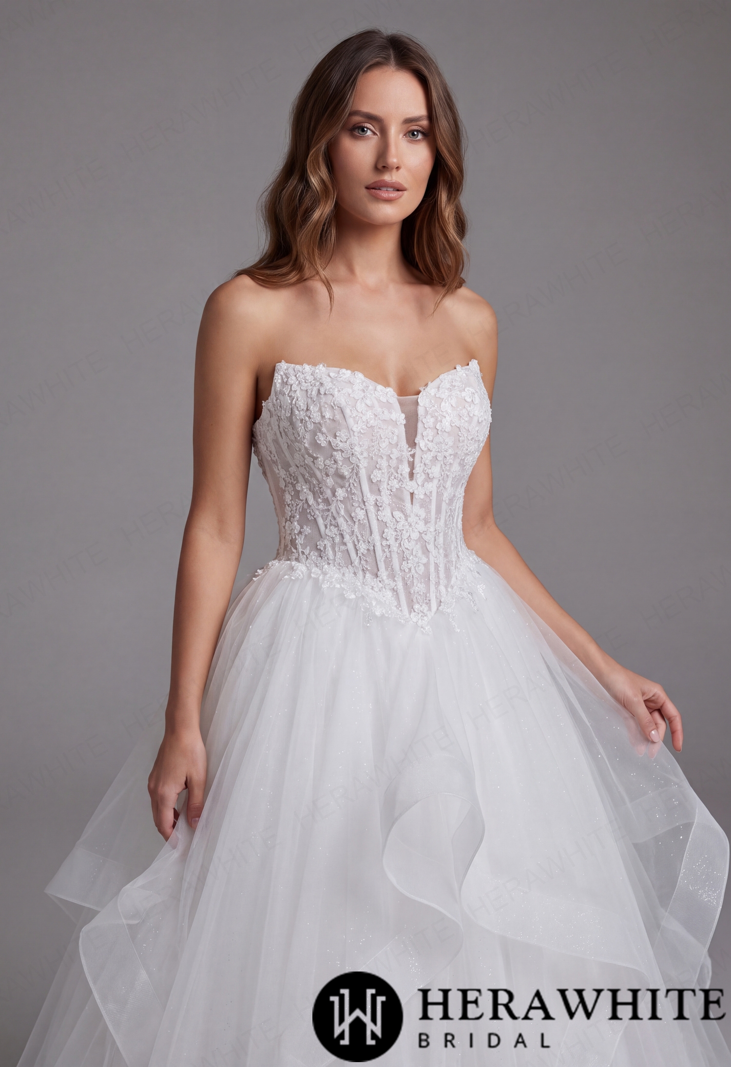 Ethereal V Neck Lace Ballgown Wedding Dress with Ruffled Tulle Skirt