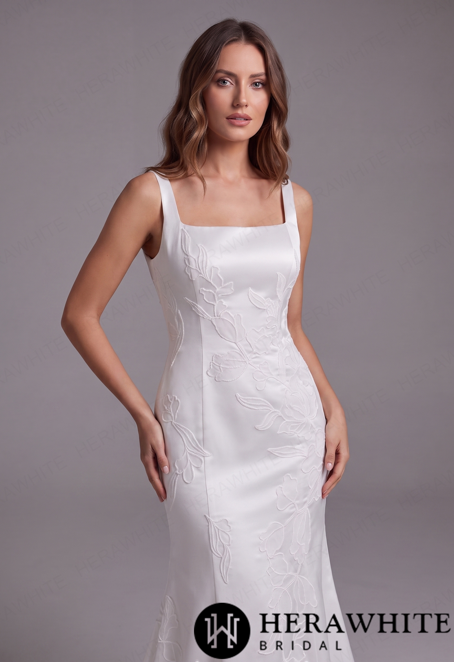 Minimalist Curvy Fit Satin Bridal Gown with Handcrafted Floral Embroidery
