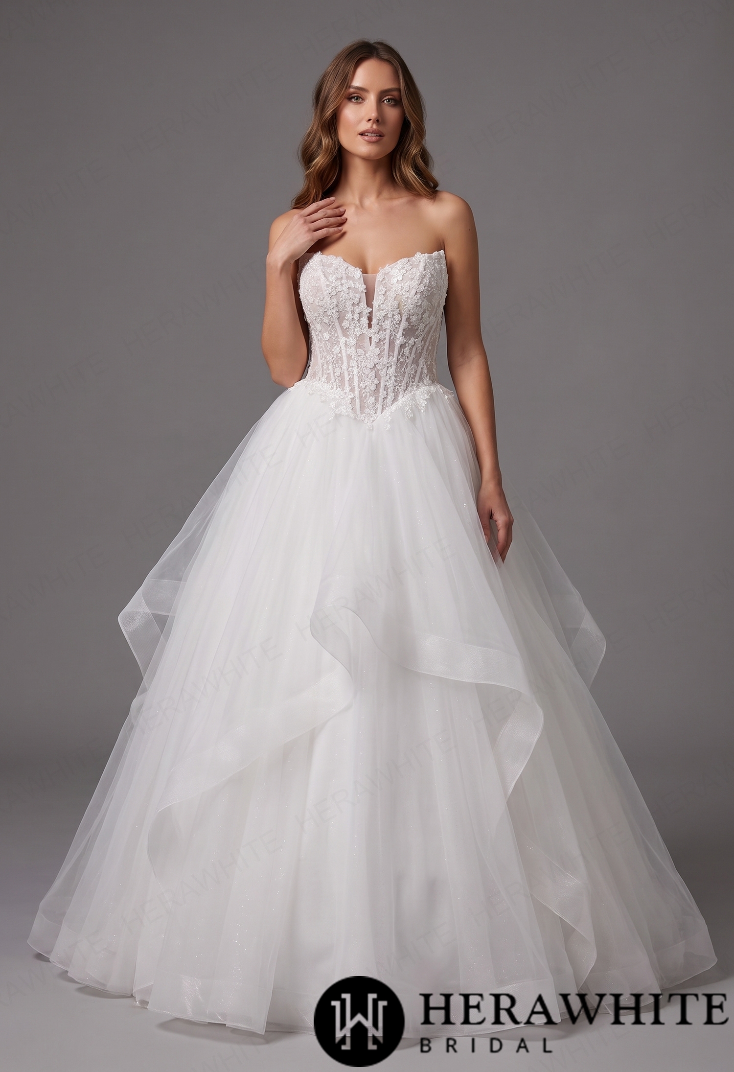 Ethereal V Neck Lace Ballgown Wedding Dress with Ruffled Tulle Skirt
