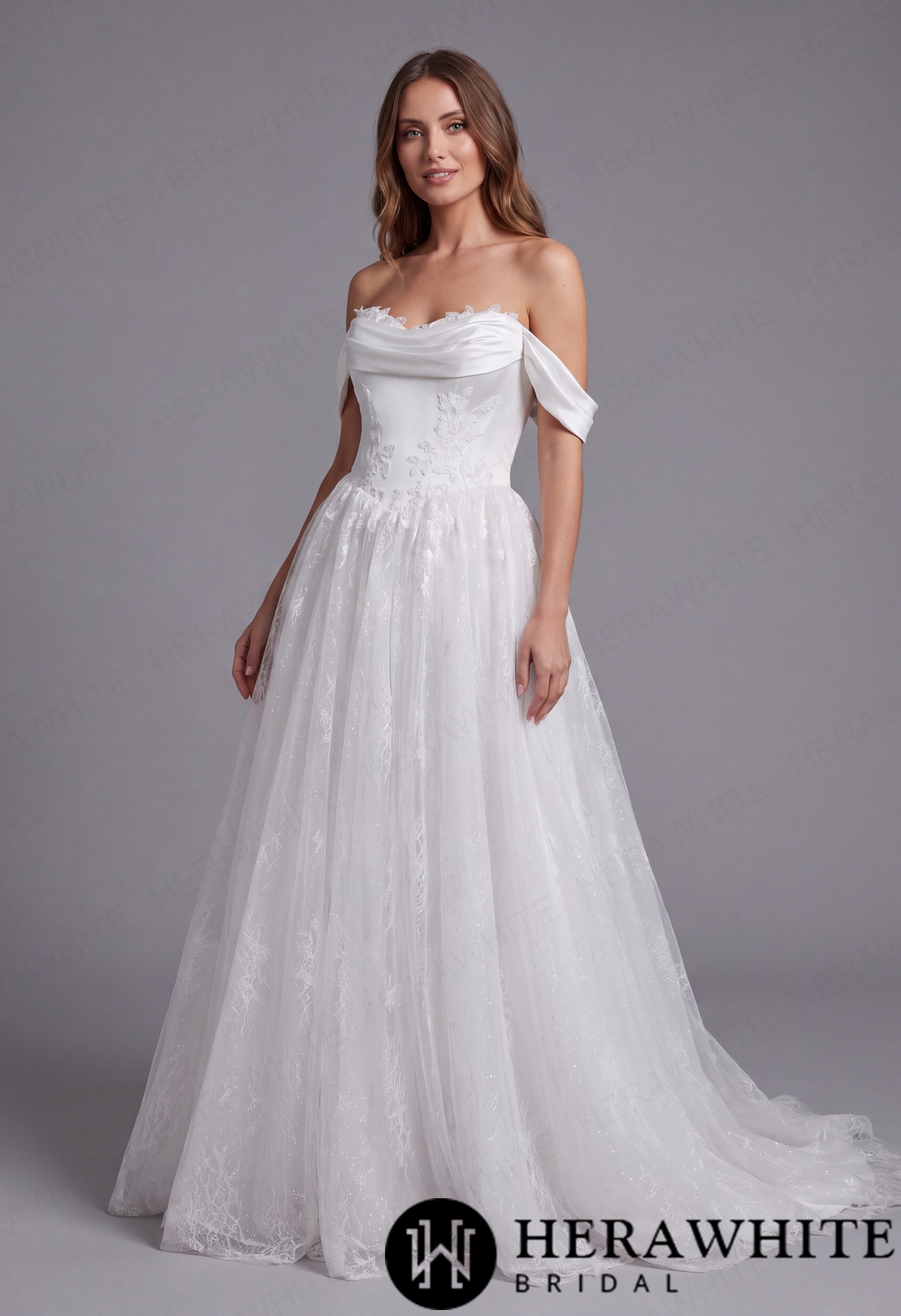 Off-the-Shoulder Satin Lace Ball Gown with Matching Satin Straps