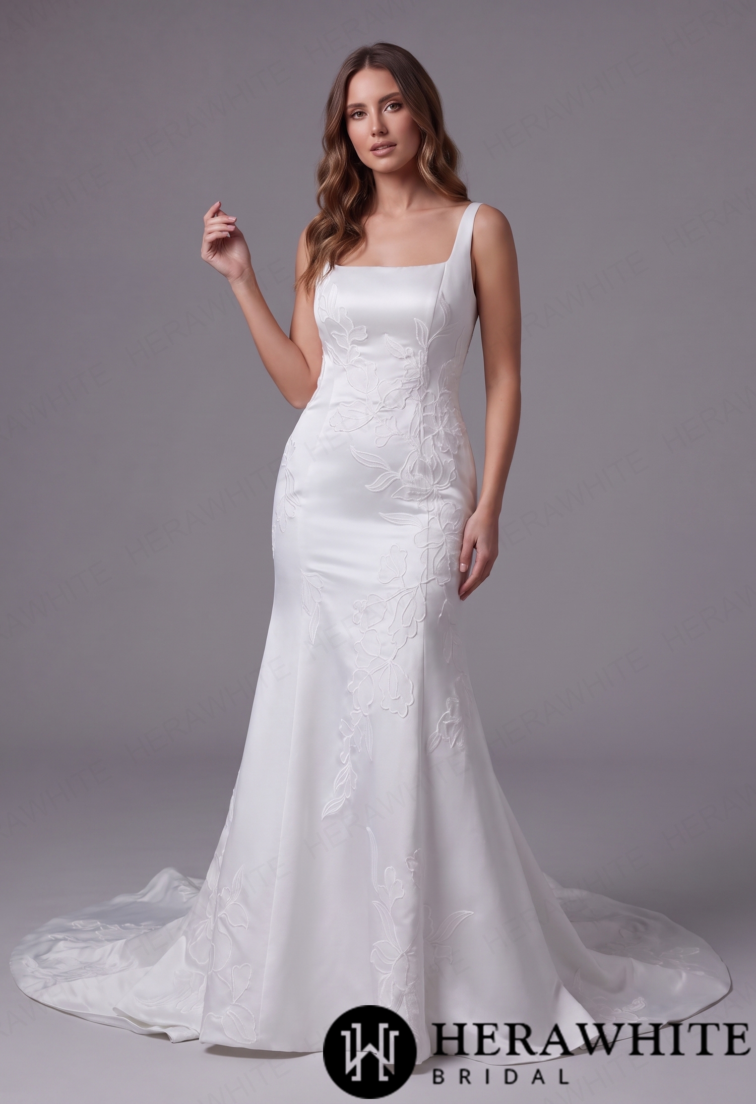 Minimalist Curvy Fit Satin Bridal Gown with Handcrafted Floral Embroidery