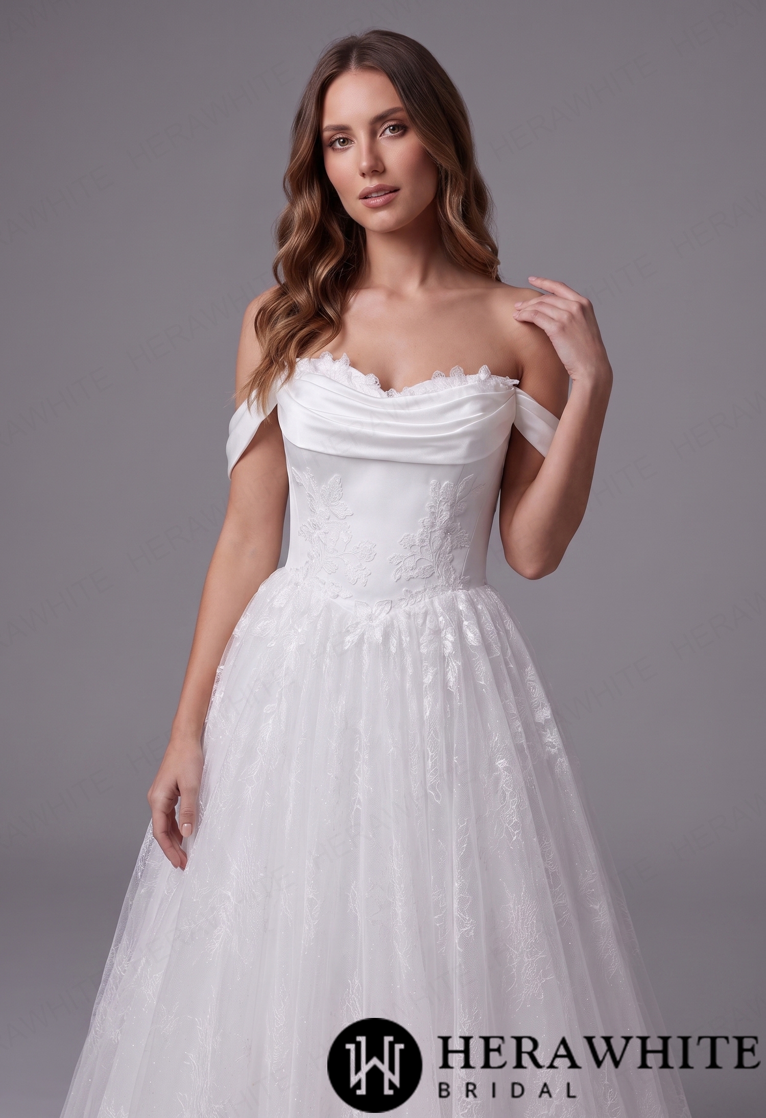 Off-the-Shoulder Satin Lace Ball Gown with Matching Satin Straps