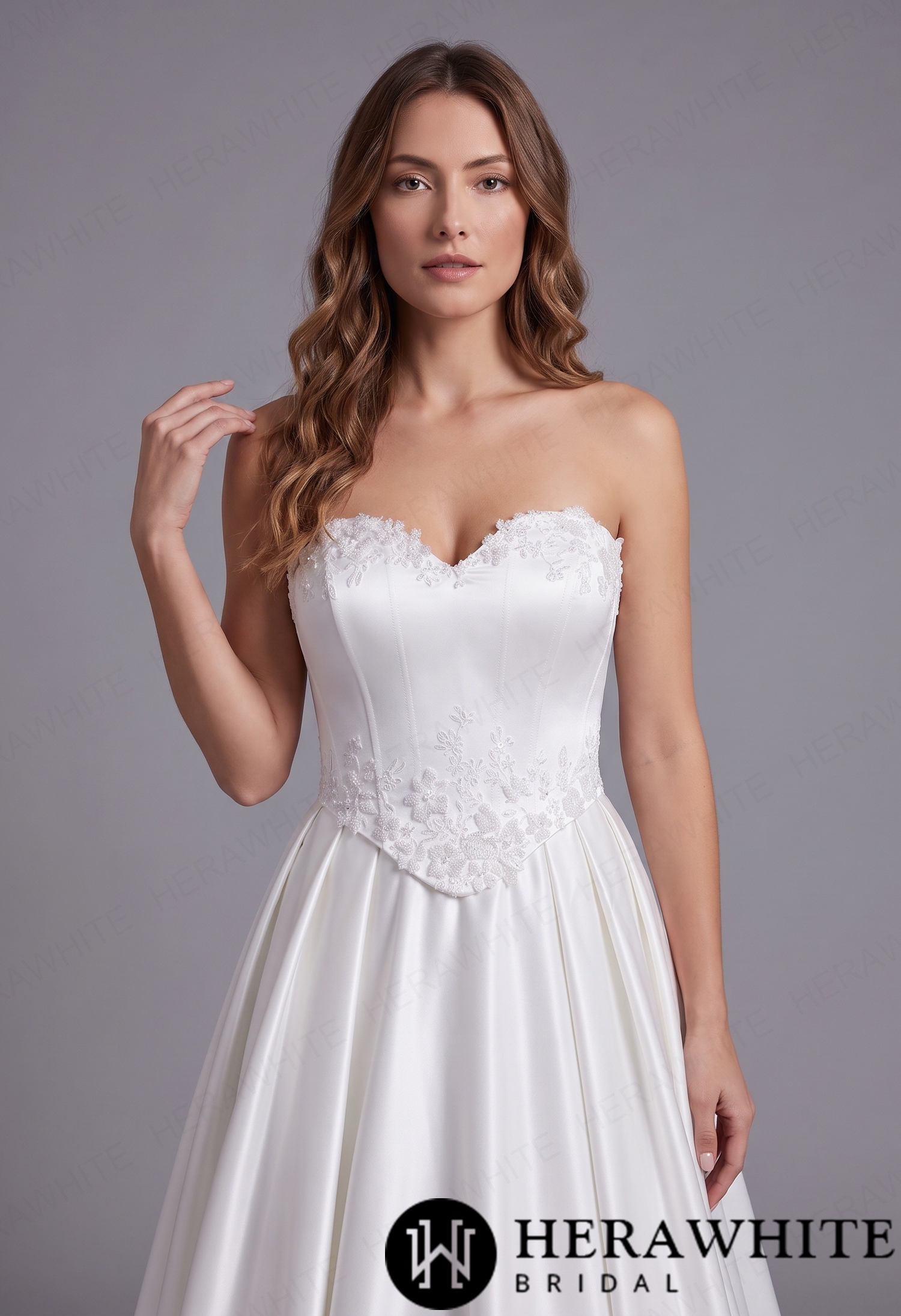 Elegant Sweetheart Satin A-Line Wedding Dress with Basque V Waist & Lace Train