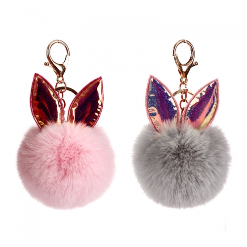 Fakefur rabbit keychain with shinning ears key chains,designer key chains,puff ball keychain