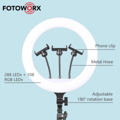 18 inch/46cm RGB Ring Light with Three Phone Holder Cold Shoe Interface