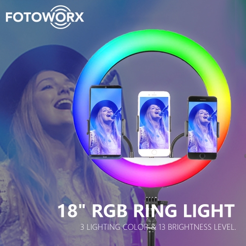 18 inch/46cm RGB Ring Light with Three Phone Holder Cold Shoe Interface