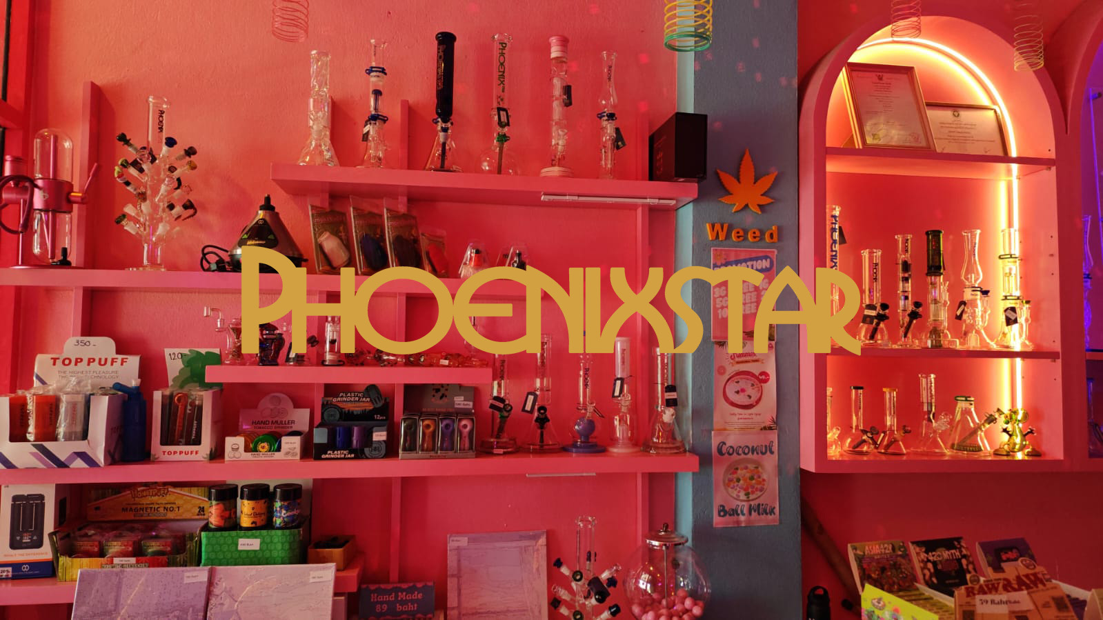 Modern dispensary glass display with premium bongs and water pipes