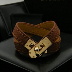 H.e.r.m.e.s. Leather Bracelet Brown-Gold Titanium steel 059