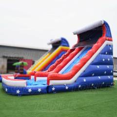 red inflatable water slide with pool