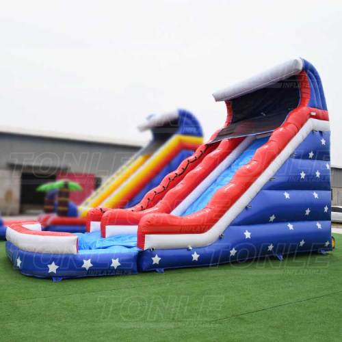 red inflatable water slide with pool