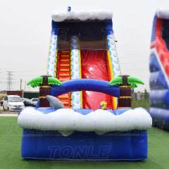 red inflatable water slide with pool