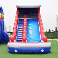 red inflatable water slide with pool