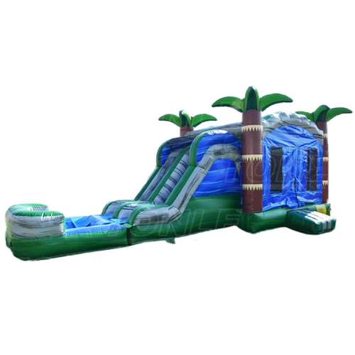 Colorful tropical jungle bounce house double slide with pool combo