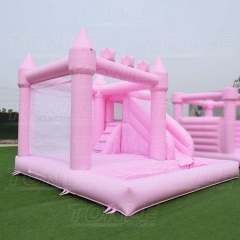 Customized macaron pink wedding slide with pool castle bounce house combo