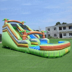 small kids cheap green inflatable plam tree jungle water slide with pool