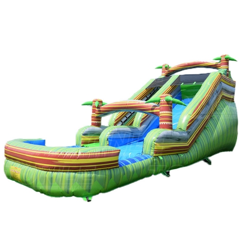 small kids cheap green inflatable plam tree jungle water slide with pool