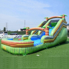 small kids cheap green inflatable plam tree jungle water slide with pool