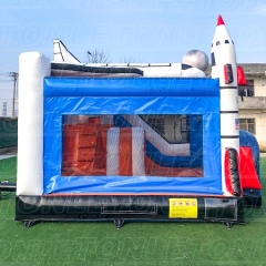 Customized outer space rocket theme moonwalk inflatable castle with dry slide combo