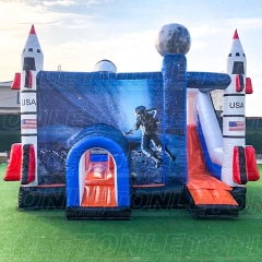 Customized outer space rocket theme moonwalk inflatable castle with dry slide combo
