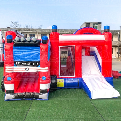 New design custom kids fire truck theme bouncy castle inflatable bounce house with slide for sale