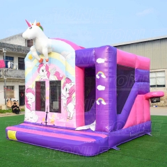 Commercial unicorn theme kids inflatable bounce house with dry slide for sale