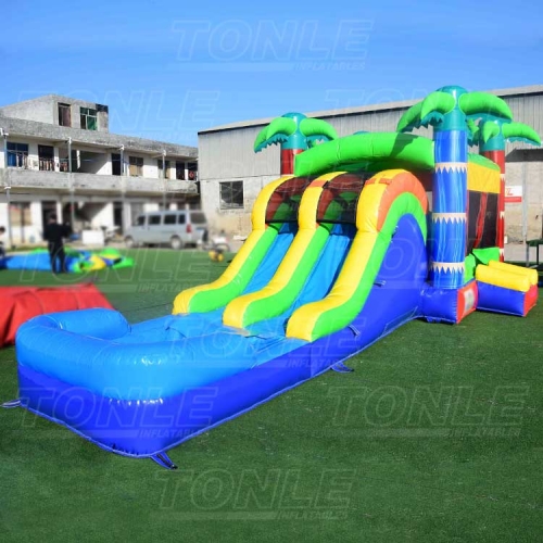 double lane slide palm tree theme inflatable bounce house water slide combo for sale