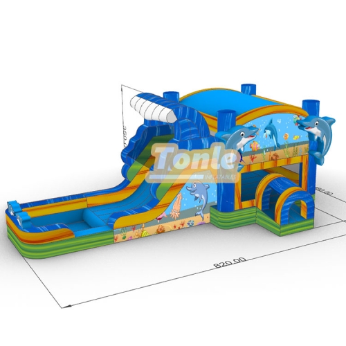 Colorful wave dolphin theme inflatable bounce house water slide combo
