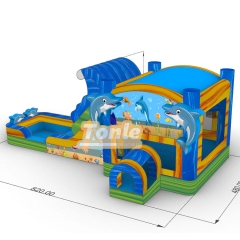 Colorful wave dolphin theme inflatable bounce house water slide combo