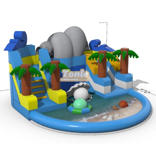 Ocean-themed palm tree inflatable slide with swimming pool