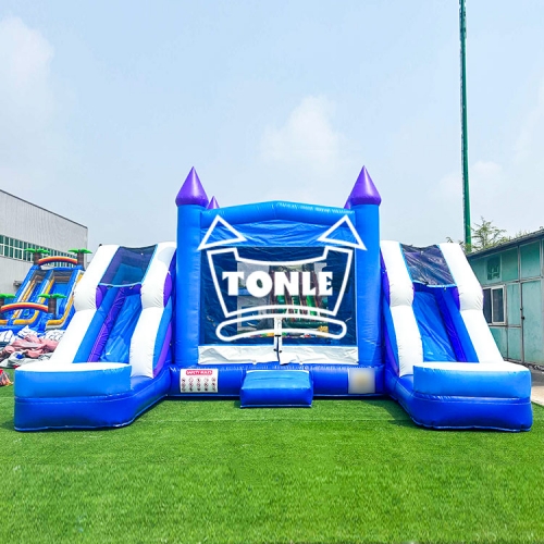 blue inflatable bounce house Castle double-lane watr slide combo