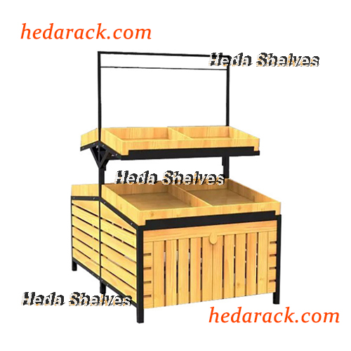 wood veg and fruit shelves,vegetable shelves,fruit shelves,wood and metal display, produce display racks