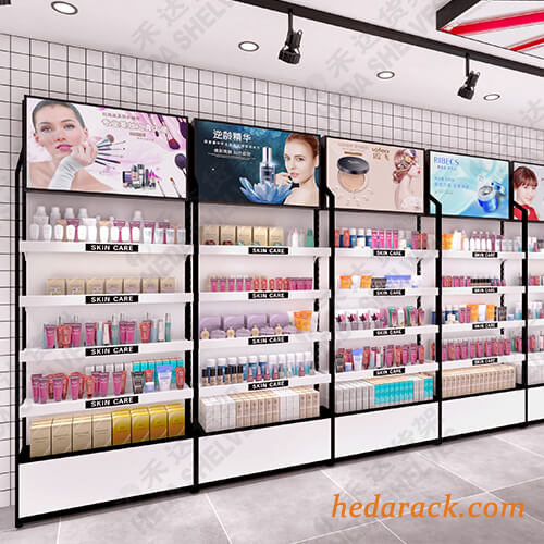 Diseño de estante de exhibición de maquillaje de pared al por mayor para productos cosméticos con iluminación LED (2
