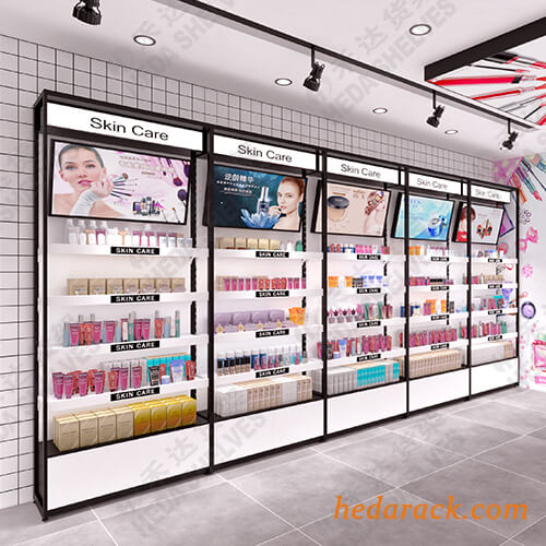 Diseño de estante de exhibición de maquillaje de pared al por mayor para productos cosméticos con iluminación LED (6