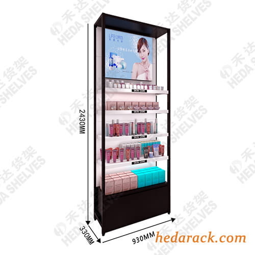 Diseño de estante de exhibición de maquillaje de pared al por mayor para productos cosméticos con iluminación LED (3
