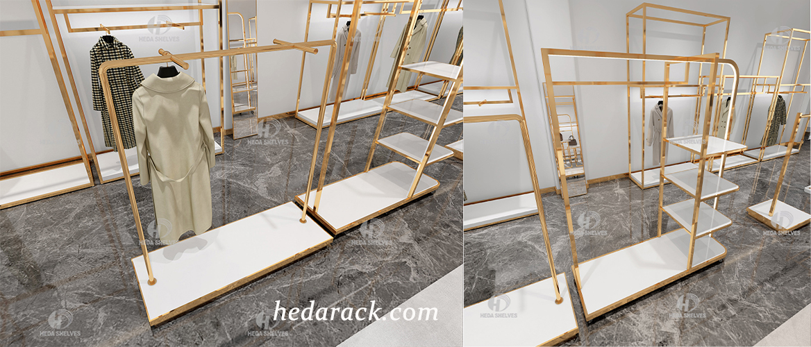 gold store fixture,garment display,clothing display shelf,boutique display,clothing display rack,hanger display rack,apparel display