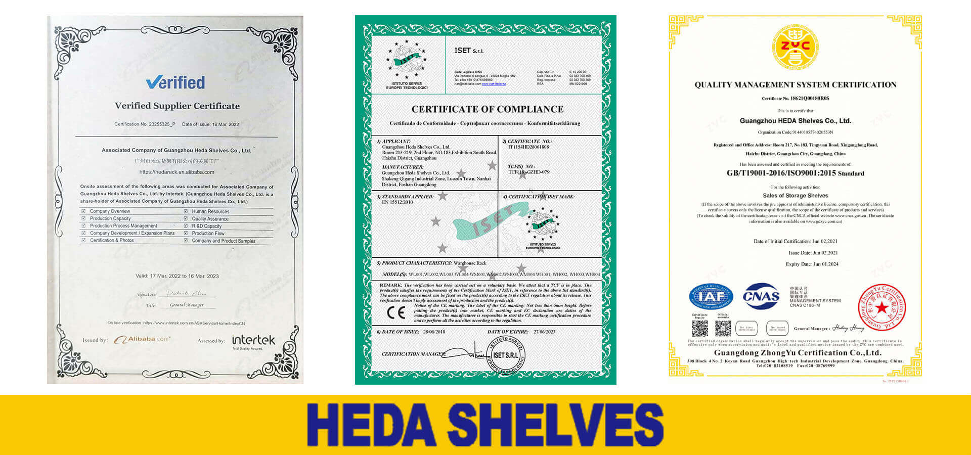 heda certificate, shelf certificate,rack certificate
