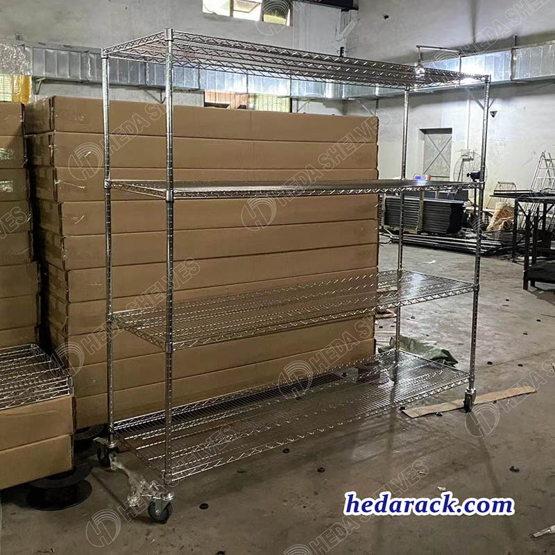 mobile wire rack,chrome wire shelf unit,chrome mobile shelf,adjustable wire rack,chrome plated shelf,restaurant shelving